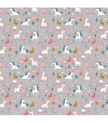 POPPY: popeline Happy Horses GRIS  Oekotex