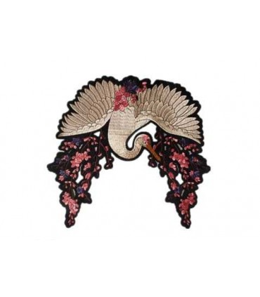 Grand Patch à coudre - Grue du Japon avec des fleurs de cerisier