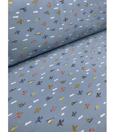 POPPY : Popeline de Coton BLEU CIEL imprimé BRUSHED FLY WITH ME oekotex