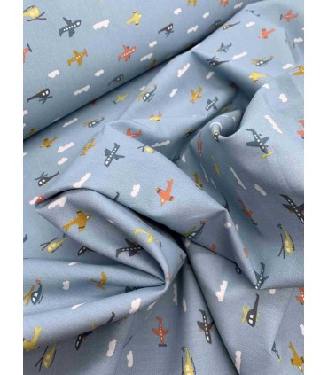 POPPY : Popeline de Coton BLEU CIEL imprimé BRUSHED FLY WITH ME oekotex