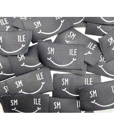 Étiquette tissée à coudre : Smiley SMILE noir et blanc