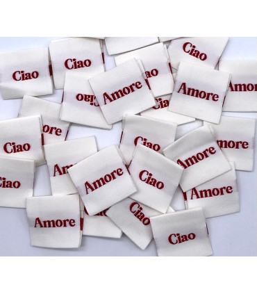 Étiquette tissée à coudre pliée : CIAO AMORE - beige et rouge