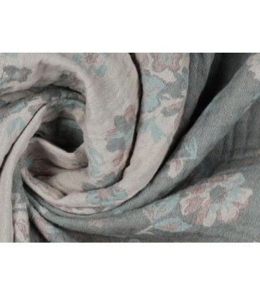 Double Gaze Double Face Jacquard Fleuris Vert d’eau/Vieux rose
