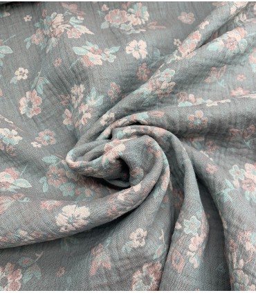 Double Gaze Double Face Jacquard Fleuris Vert d’eau/Vieux rose