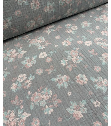 Double Gaze Double Face Jacquard Fleuris Vert d’eau/Vieux rose