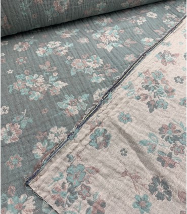 Double Gaze Double Face Jacquard Fleuris Vert d’eau/Vieux rose