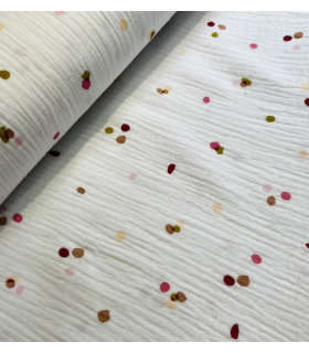 POPPY : Double gaze de coton BLANC à pois ROUGE JAUNE ORANGE ROSE