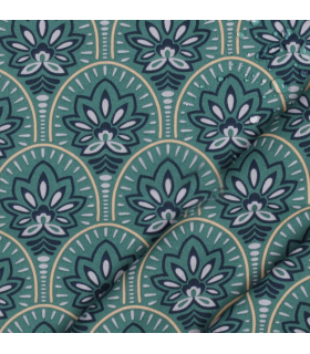 POPPY : Coton Enduit BLEU motifs fleurs de lotus