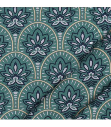 POPPY : Coton Enduit BLEU motifs fleurs de lotus