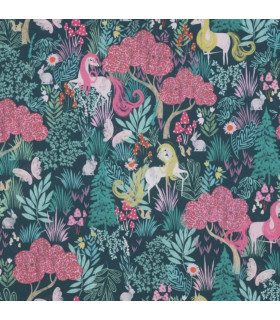 POPPY : Popeline de Coton Imprimé Licornes - VERT et ROSE