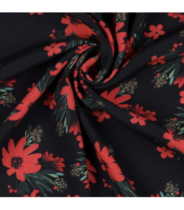 Viscose imprimée fleurs ROUGE sur fond NOIR
