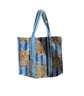 Tote bag en velours indien matelassé - Imprimé tigre - BLEU