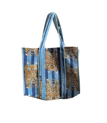 Tote bag en velours indien matelassé - Imprimé tigre - BLEU