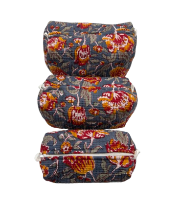 Set de 3 trousses indiennes - Fleurs sur fond - ANTHRACITE