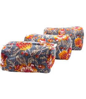 Set de 3 trousses indiennes - Fleurs sur fond - ANTHRACITE