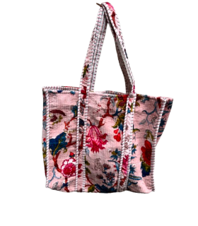 Tote bag en velours indien matelassé - Imprimé fleuri - ROSE