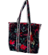 Tote bag en velours indien matelassé - Imprimé fleuri - NOIR et ROSE