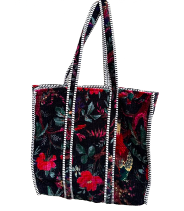 Tote bag en velours indien matelassé - Imprimé fleuri - NOIR et ROSE