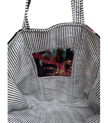 Tote bag en velours indien matelassé - Imprimé fleuri - NOIR et ROSE