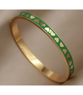 Jonc en Laiton émaillé - coeurs OR sur fond VERT GAZON