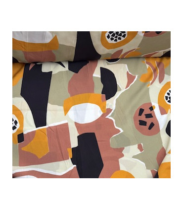 Viscose graphique - NOIR CAMEL et CURRY fond crème