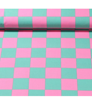 POPPY : Coton Enduit - Carreaux VERT GAZON et ROSE