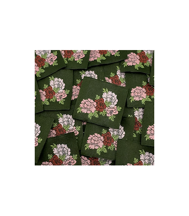 Étiquette tissée à coudre: Pivoines - Kaki