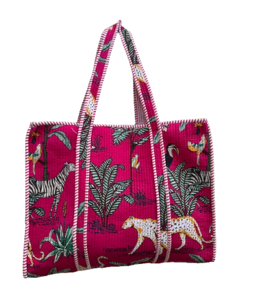 Tote bag indien matelassé - Imprimé jungle - FUSCHIA