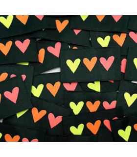 Étiquette tissée à coudre : 3 Coeurs - FLUO sur fond KAKI