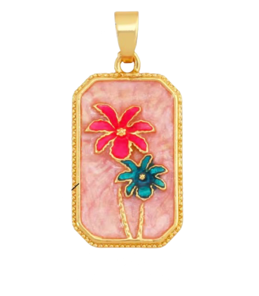 Pendentif plaque palmier - ROSE et VERT