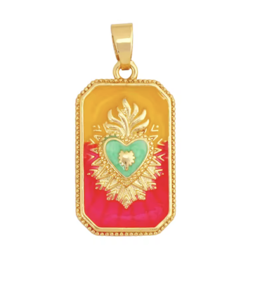 Pendentif plaque coeur ex-voto - ROSE et JAUNE