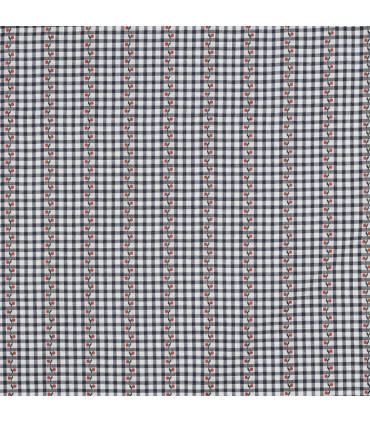 Coton jacquard tissé - Carreaux Marine et fleurs Rouge