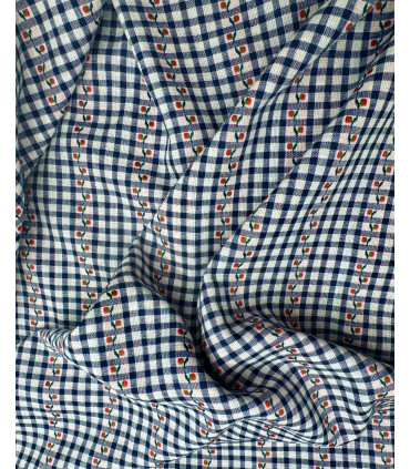 Coton jacquard tissé - Carreaux Marine et fleurs Rouge