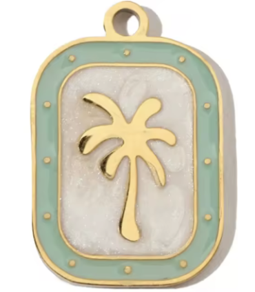 Pendentif plaque palmier - DORÉ, BLANC et TURQUOISE