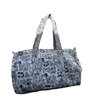 Sac polochon en matelassé indien fleuris - SAUGE, GRIS et NOIR
