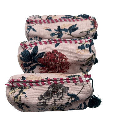 Set de 3 trousses indiennes - Fleurs - ROSE