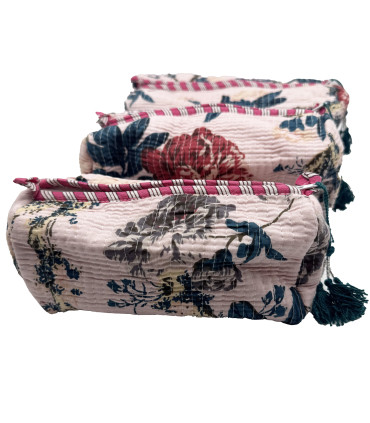Set de 3 trousses indiennes - Fleurs - ROSE