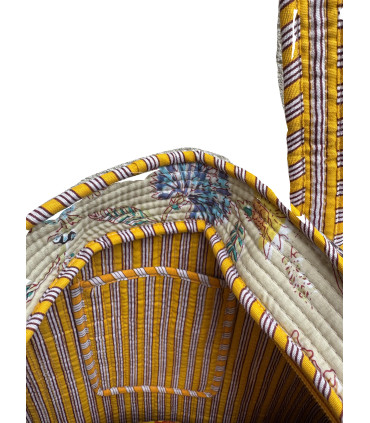 Tote bag indien matelassé Zippé - Imprimé Fleurs - CRÈME