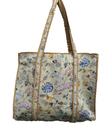 Tote bag indien matelassé Zippé - Imprimé Fleurs - CRÈME