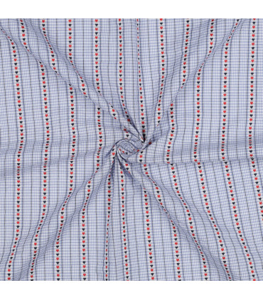Coton jacquard tissé - Carreaux Marine et coeur Rouge