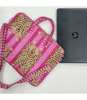 Housse d’ordinateur tissu indien matelassé - Tigres - ROSE