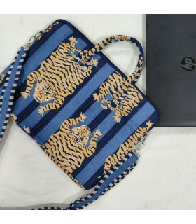 Housse d’ordinateur tissu indien matelassé - Tigres - BLEU