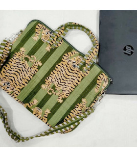 Housse d’ordinateur tissu indien matelassé - Tigres - VERT