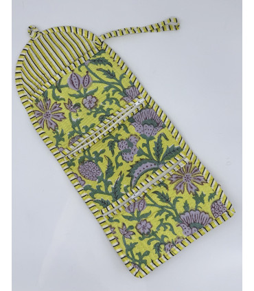 Trousse pliée 2 poches zippées -Fleurs - JAUNE