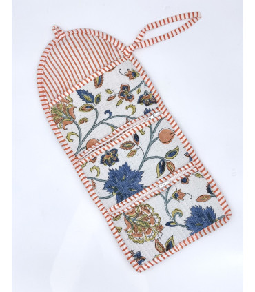 TROUSSE PLIÉE 2 POCHES Zip -FLEURS - BLANC et BLEU