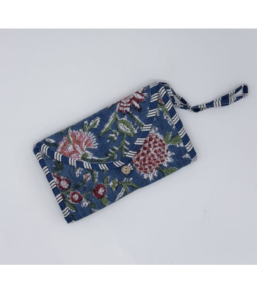 TROUSSE PLIÉE 2 POCHES Zippées  -  FLEURS - BLEU et ROUGE