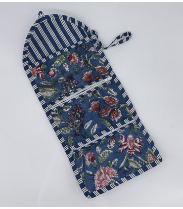 TROUSSE PLIÉE 2 POCHES Zippées  -  FLEURS - BLEU et ROUGE