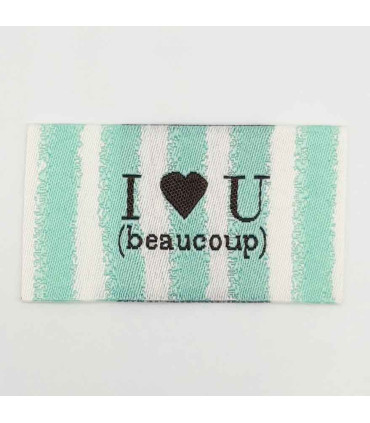 Étiquette tissée à coudre lurex : I love U (beaucoup) - Rayée menthe blanc