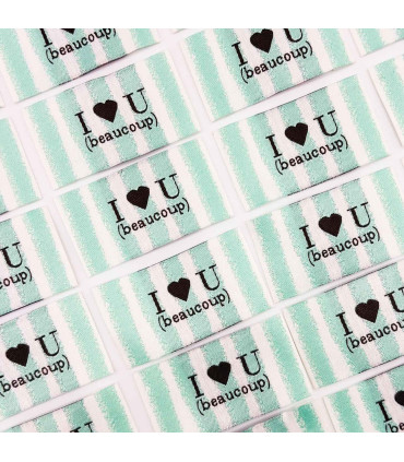 Étiquette tissée à coudre lurex : I love U (beaucoup) - Rayée menthe blanc
