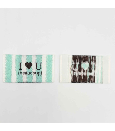 Étiquette tissée à coudre lurex : I love U (beaucoup) - Rayée menthe blanc